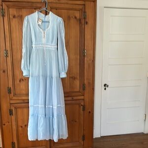 Gunne Sax Blue Bishop Sleeve V-Neck Maxi Dress vintage